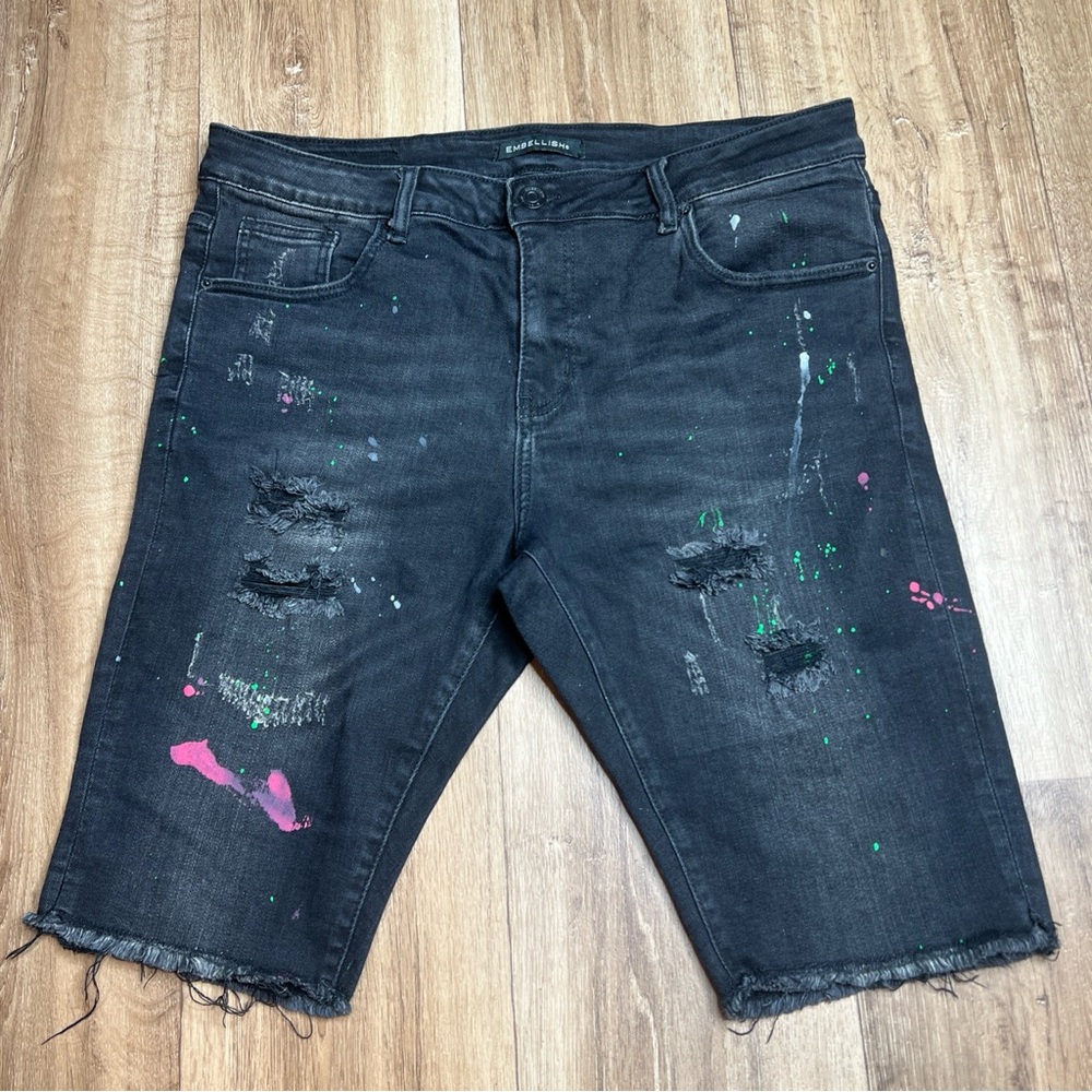 Embellish Men Jean Shorts 38 Black Denim Distressed Paint Splatter